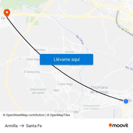 Armilla to Santa Fe map