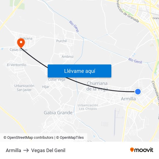 Armilla to Vegas Del Genil map