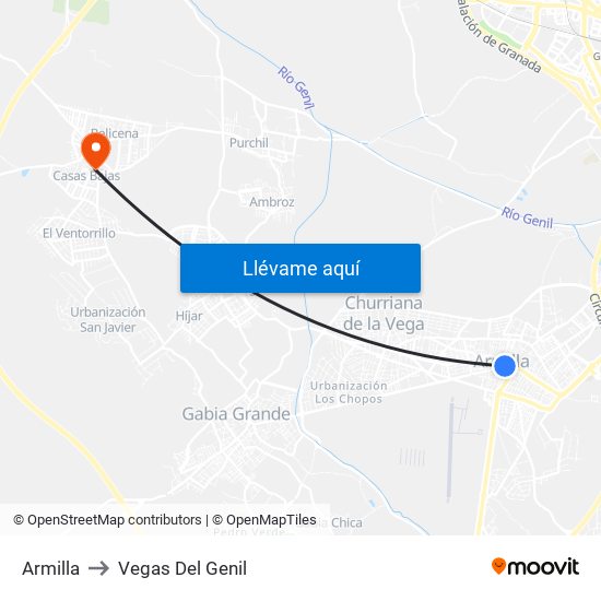 Armilla to Vegas Del Genil map