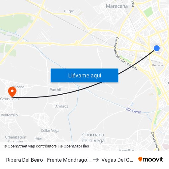 Ribera Del Beiro - Frente Mondragones to Vegas Del Genil map