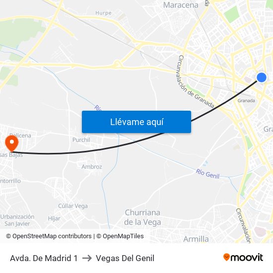 Avda. De Madrid 1 to Vegas Del Genil map