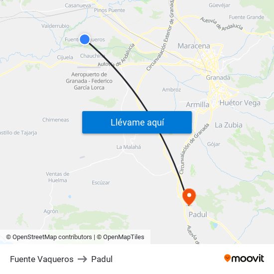 Fuente Vaqueros to Padul map
