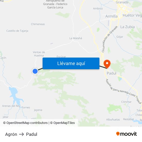 Agrón to Padul map