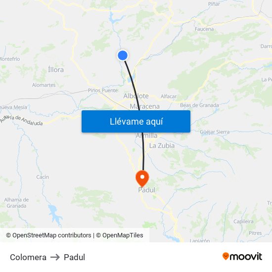 Colomera to Padul map