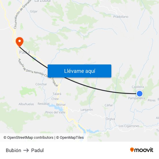 Bubión to Padul map