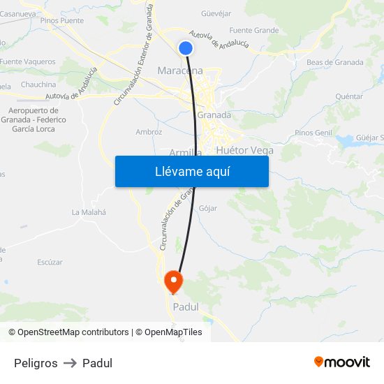 Peligros to Padul map