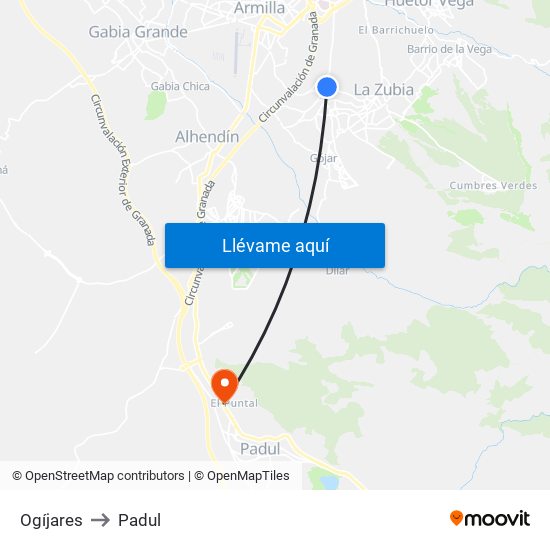 Ogíjares to Padul map