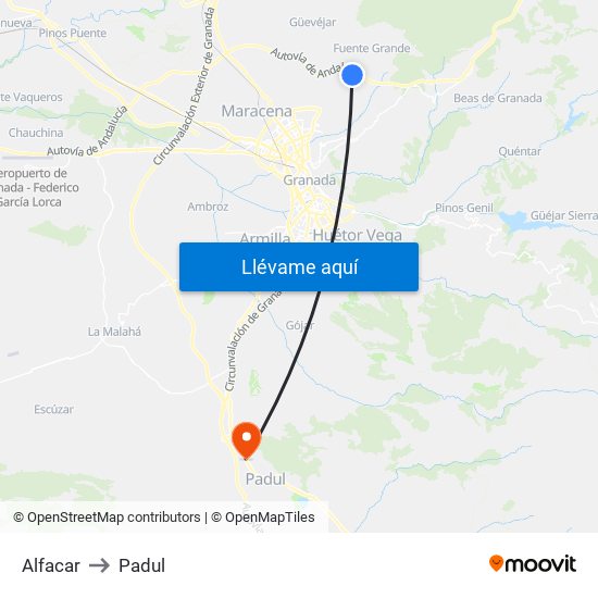 Alfacar to Padul map