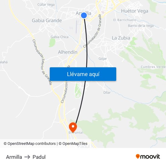 Armilla to Padul map