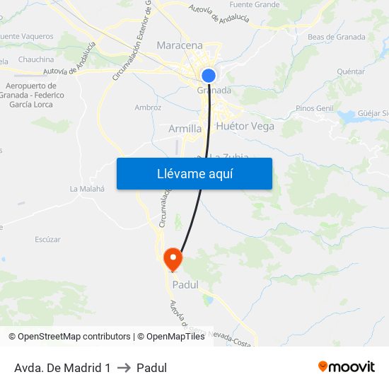 Avda. De Madrid 1 to Padul map