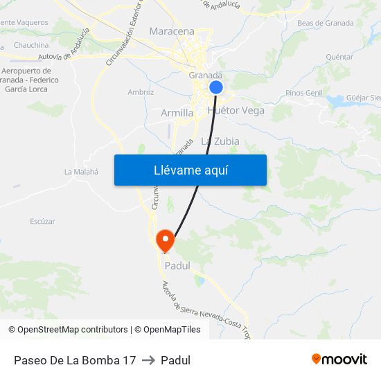 Paseo De La Bomba 17 to Padul map