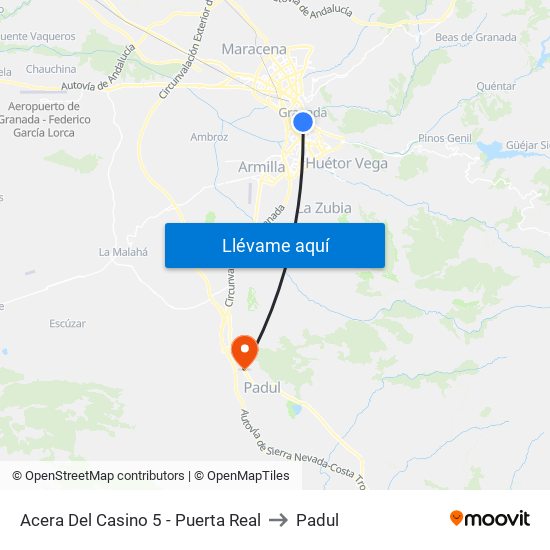 Acera Del Casino 5 - Puerta Real to Padul map