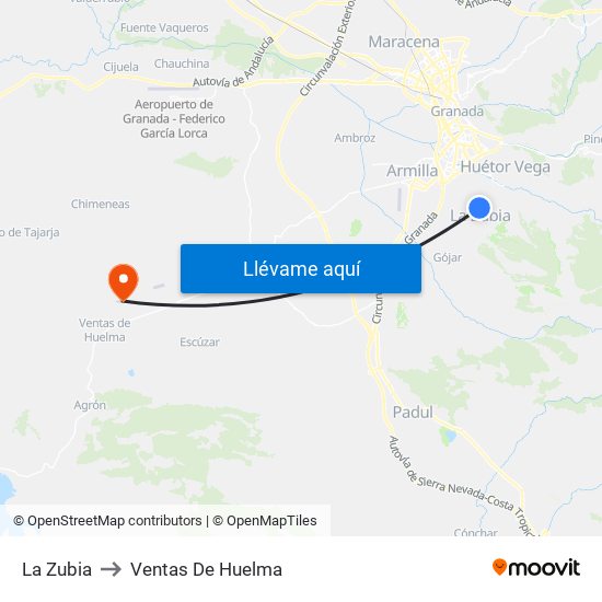 La Zubia to Ventas De Huelma map