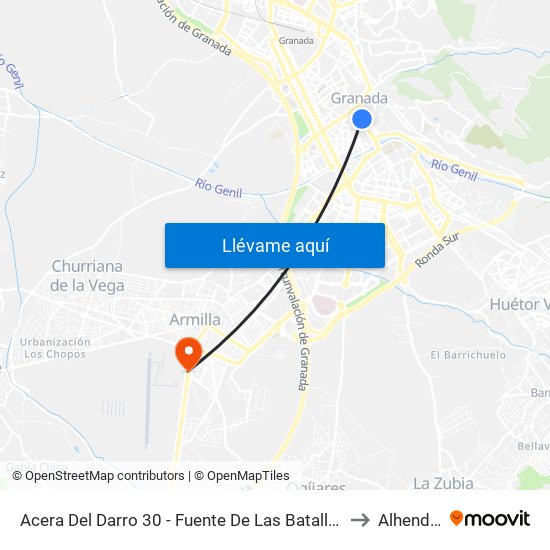 Acera Del Darro 30 - Fuente De Las Batallas to Alhendín map