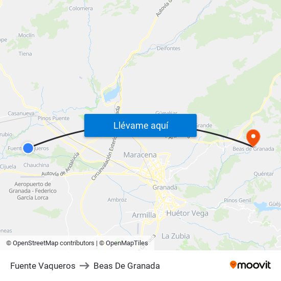 Fuente Vaqueros to Beas De Granada map