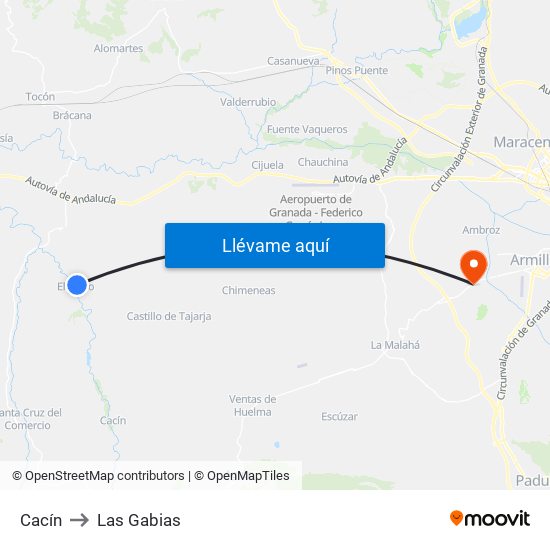 Cacín to Las Gabias map