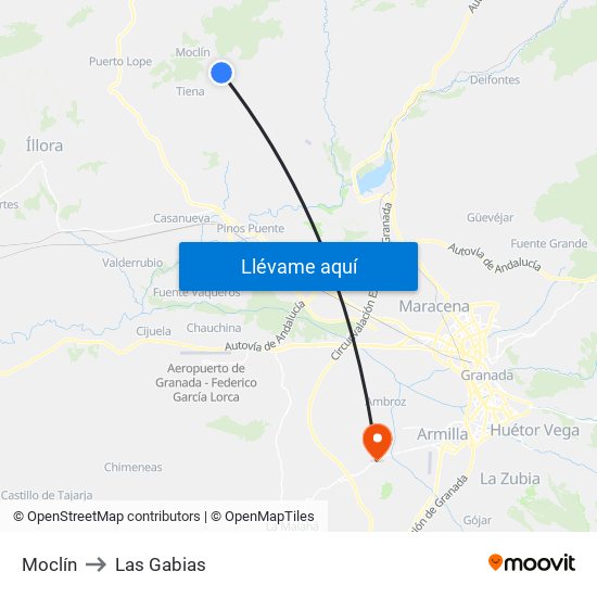 Moclín to Las Gabias map