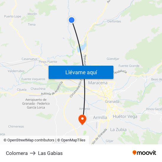 Colomera to Las Gabias map