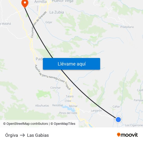 Órgiva to Las Gabias map