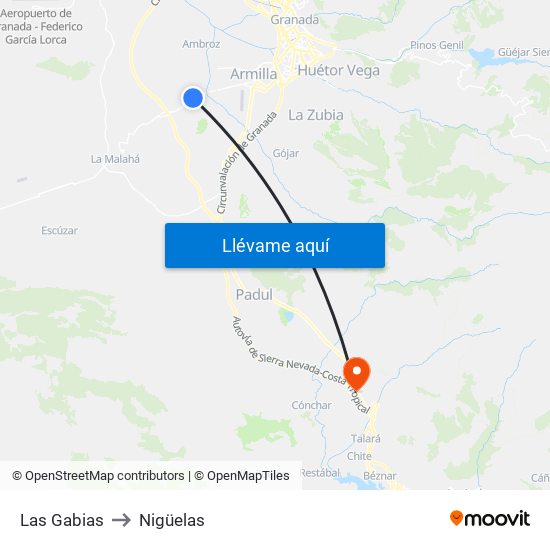 Las Gabias to Nigüelas map