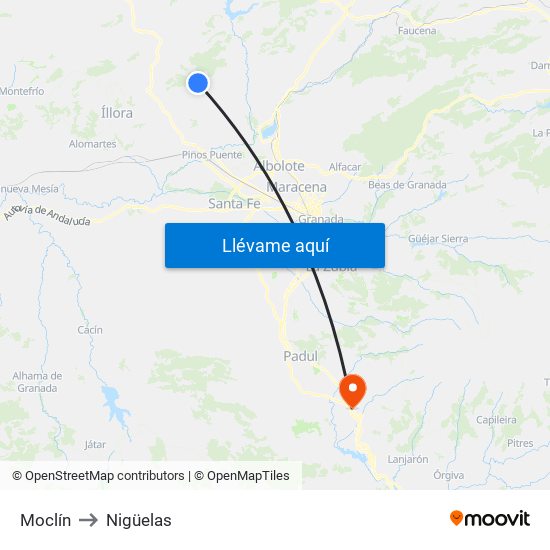 Moclín to Nigüelas map