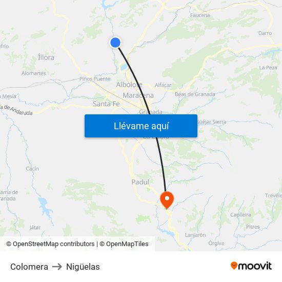 Colomera to Nigüelas map