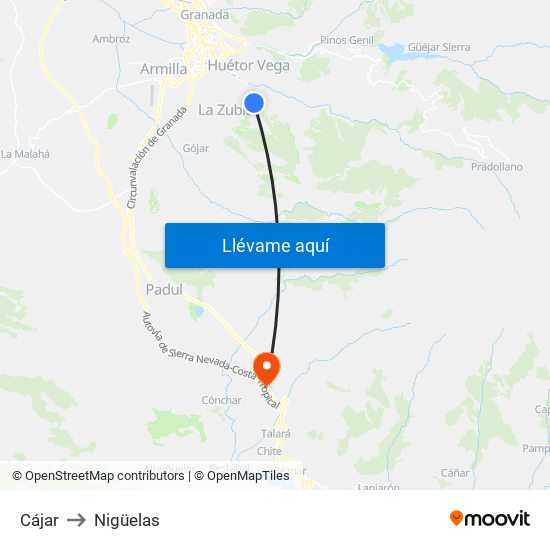Cájar to Nigüelas map