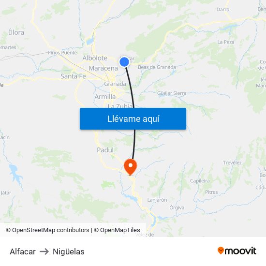 Alfacar to Nigüelas map