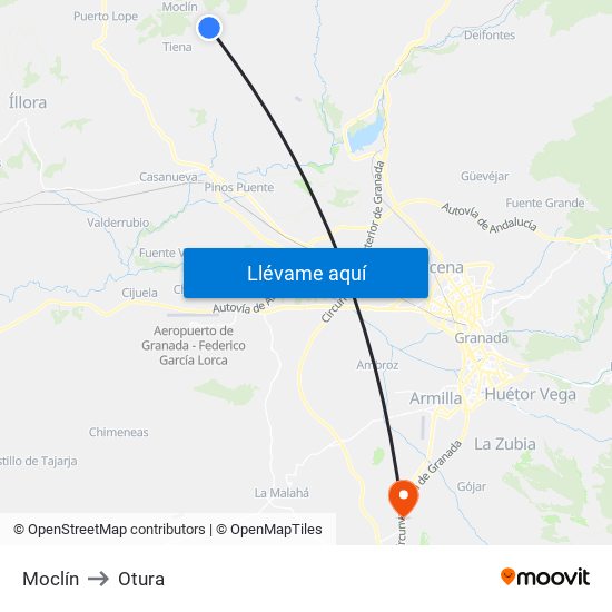 Moclín to Otura map