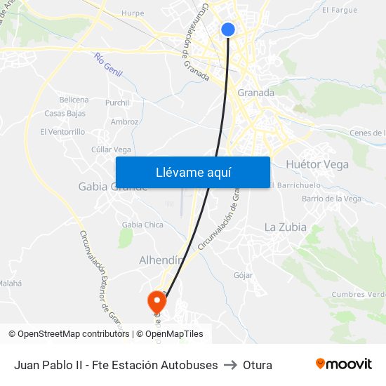 Juan Pablo II - Fte Estación Autobuses to Otura map