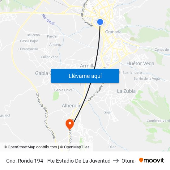 Cno. Ronda 194 - Fte Estadio De La Juventud to Otura map