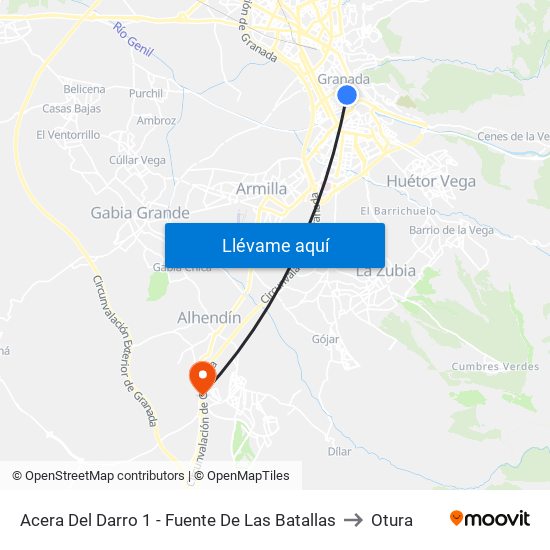 Acera Del Darro 1 - Fuente De Las Batallas to Otura map