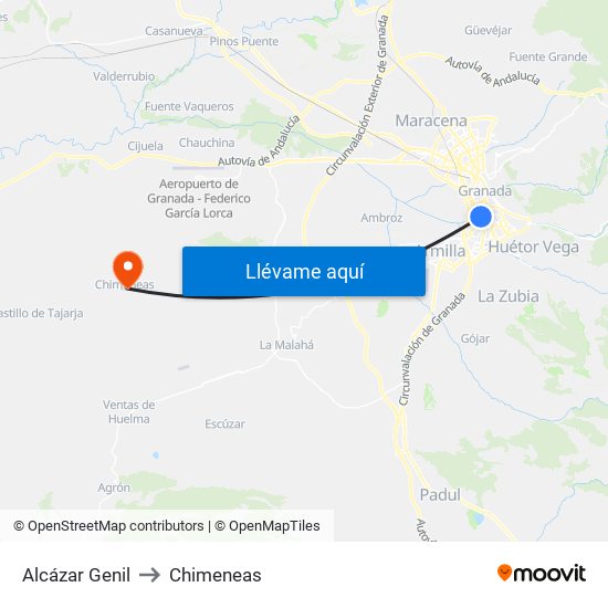 Alcázar Genil to Chimeneas map