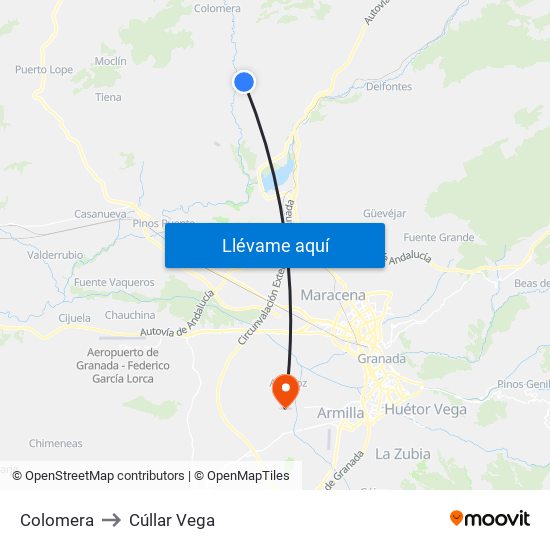 Colomera to Cúllar Vega map