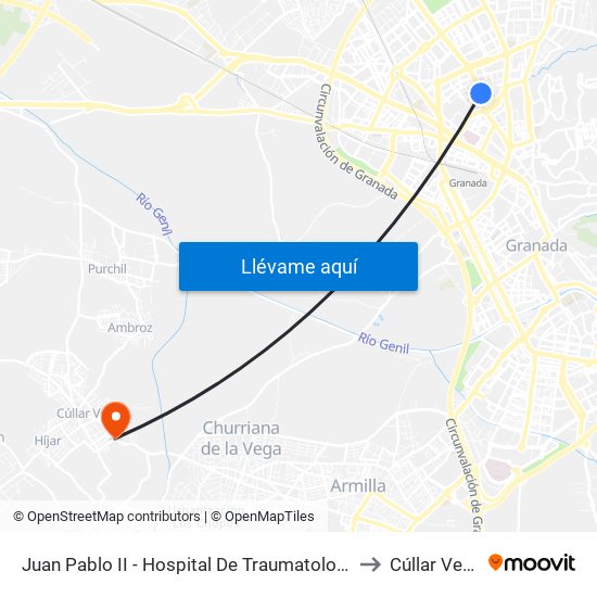 Juan Pablo II - Hospital De Traumatología to Cúllar Vega map