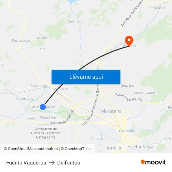 Fuente Vaqueros to Deifontes map