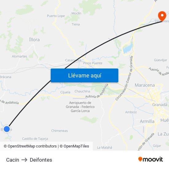 Cacín to Deifontes map