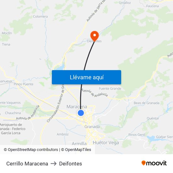 Cerrillo Maracena to Deifontes map