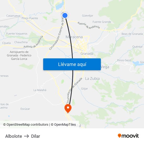 Albolote to Dílar map