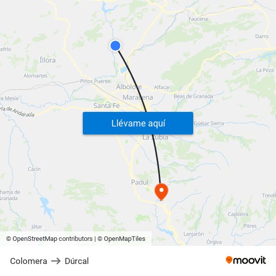 Colomera to Dúrcal map
