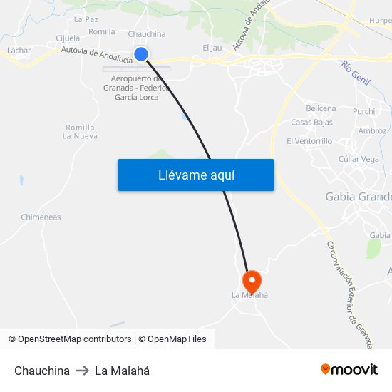 Chauchina to La Malahá map