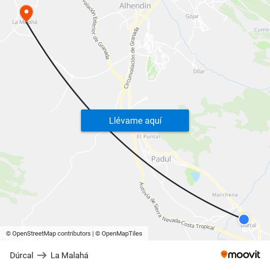 Dúrcal to La Malahá map