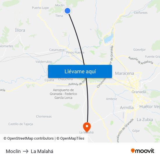 Moclín to La Malahá map