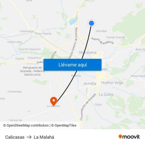 Calicasas to La Malahá map
