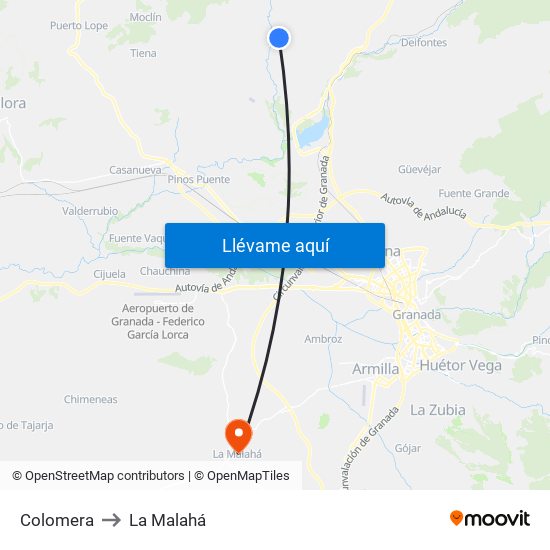 Colomera to La Malahá map