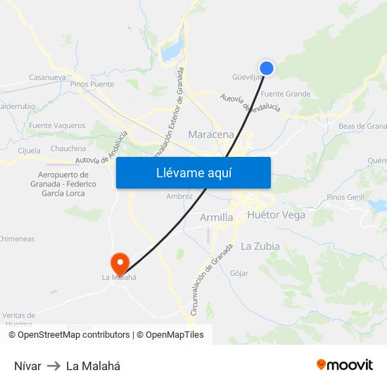 Nívar to La Malahá map