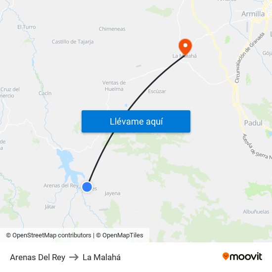 Arenas Del Rey to La Malahá map