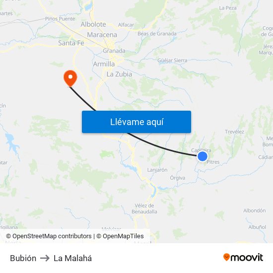 Bubión to La Malahá map