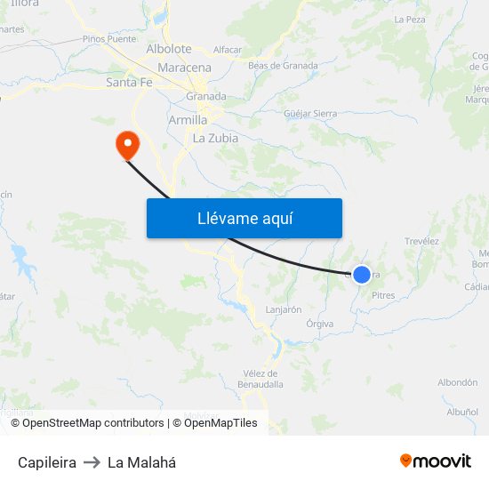 Capileira to La Malahá map