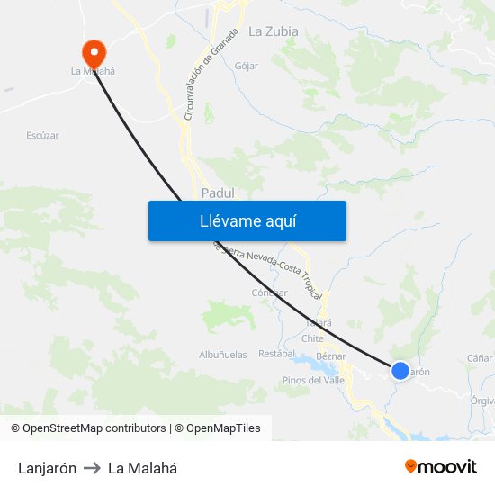 Lanjarón to La Malahá map